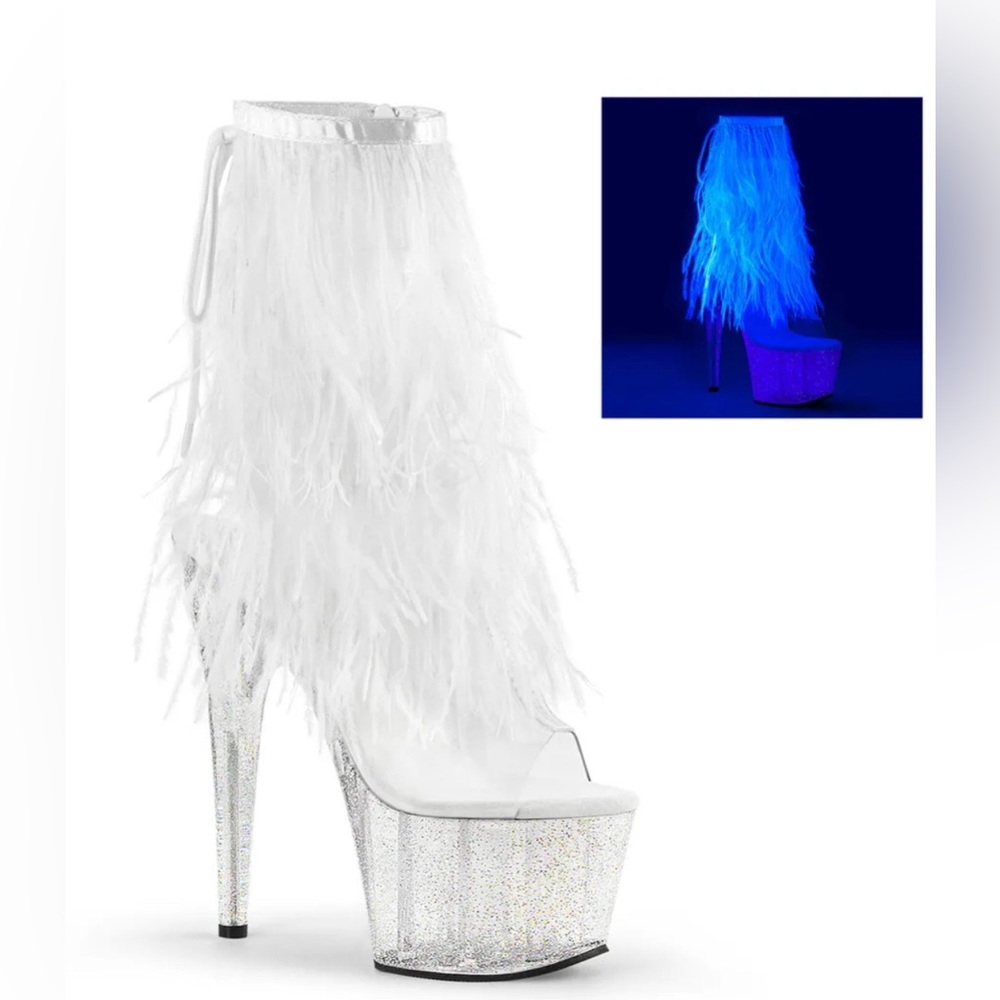 PLEASER ADORE-1017MFF Women's 7" Heel Platform Marabou Fringe Zip Boots SZ 9
